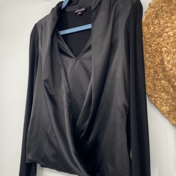 Gianetta Long Sleeve Dressy Mixed Media Layered Wrap Top Satin Black PM - Picture 2 of 10